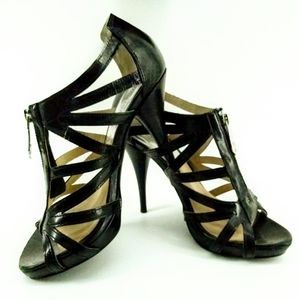 Michael Kors Strappy Blk Patent Leather Zip Heels
